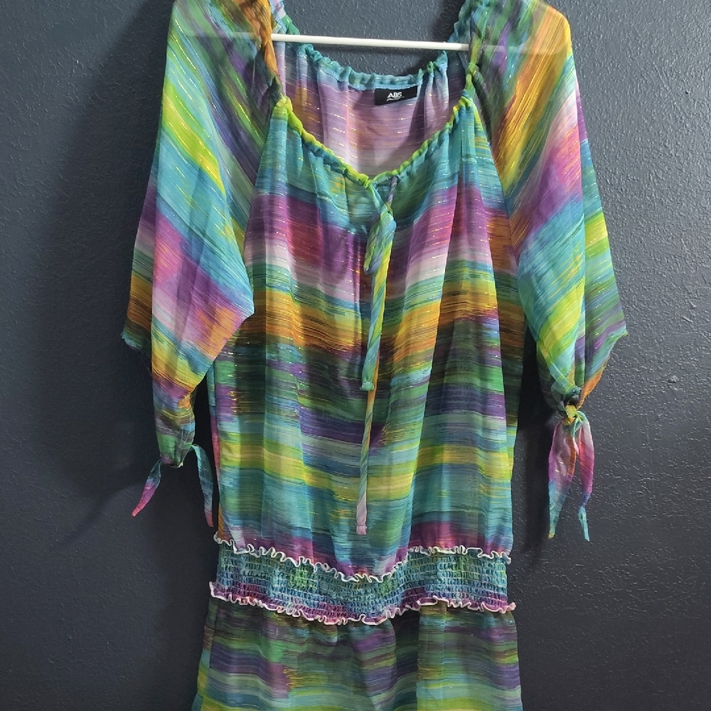 ABS Allen Schwartz Multicolor Striped Swim Coverup - Green, Yellow, Purple, Blue